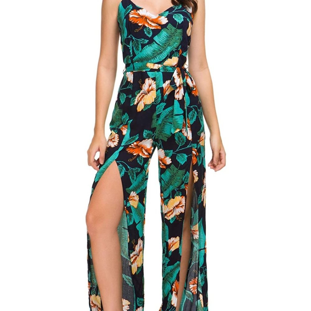 NWT Backless Slit Leg Tie Waist Tropical Jumpsuit - Picture 7 of 8